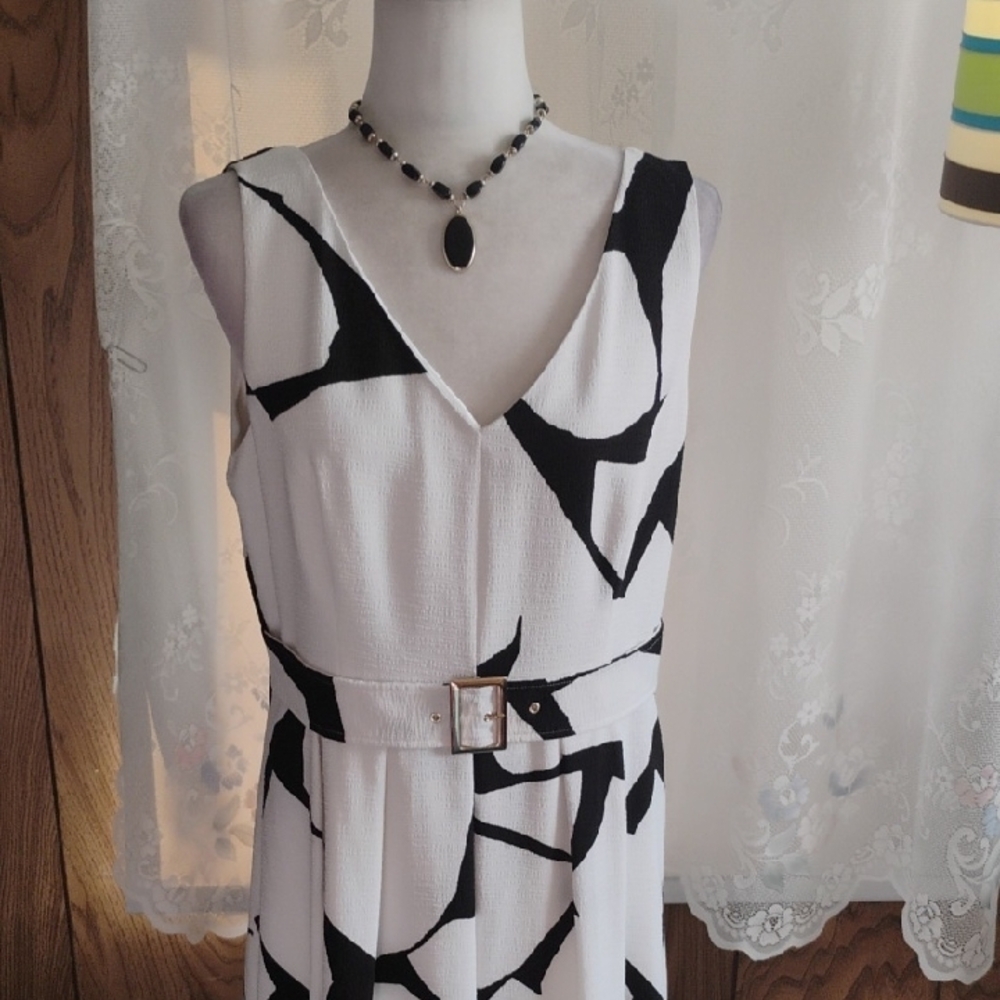 Sleeveless V-Neck Black & White Belted Dress